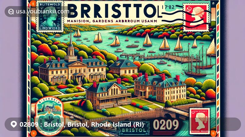 Modern illustration of Bristol, Rhode Island, highlighting postal theme with ZIP code 02809, featuring Blithewold Mansion, Linden Place Mansion, Mount Hope Farm, Bristol Waterfront Historic District, Coggeshall Farm Museum, and Herreshoff Marine Museum.