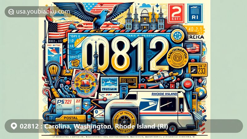 Vibrant illustration of Carolina, Washington, Rhode Island, highlighting ZIP code 02812, featuring state symbols and postal elements like stamps and mailboxes.