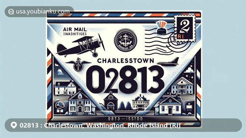 Modern illustration of Charlestown, Washington County, Rhode Island, depicting postal theme with ZIP code 02813, featuring local landmarks and Rhode Island state symbols.