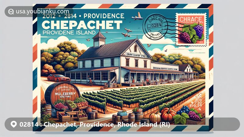 Modern illustration of Chepachet, Providence, Rhode Island showcasing Brown and Hopkins Country Store, Mulberry Vineyard, and local farm life elements, with postal theme featuring ZIP code 02814.