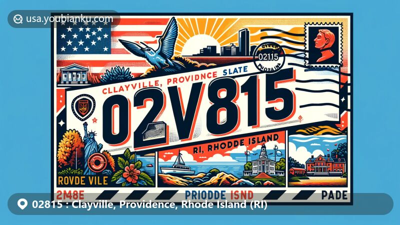 Modern illustration of Clayville, Providence County, Rhode Island, showcasing postal theme with ZIP code 02815, featuring Rhode Island state flag, Providence County outline, and Clayville's landmarks or cultural symbols.