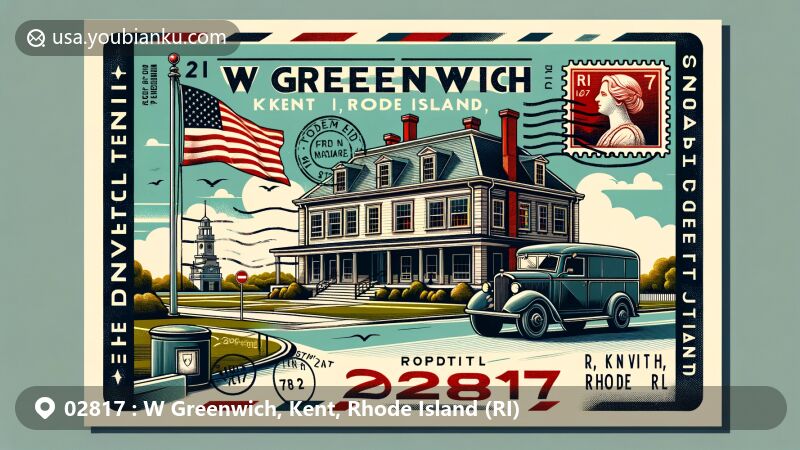 Modern illustration of W Greenwich, Kent County, Rhode Island, featuring postal theme with ZIP code 02817, incorporating local charm and Rhode Island state flag.