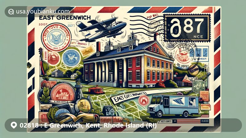 Modern illustration of East Greenwich, Kent County, Rhode Island, featuring iconic landmarks like Abraham Greene House and Varnum Armory, with visible ZIP code 02818 and postal symbols.