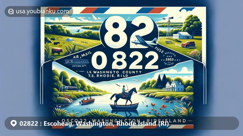 Modern illustration of Escoheag, Washington County, Rhode Island, depicting a stylized air mail envelope with ZIP code 02822, showcasing outdoor recreational activities like fishing, horseback riding, and boating in a lush green landscape under a clear blue sky, capturing the serene and inviting essence of Escoheag.