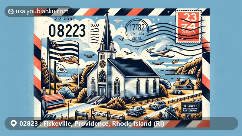 Modern illustration of Tabernacle Baptist Church in Fiskeville, Rhode Island, showcasing postal theme with ZIP code 02823, featuring state flag and scenic ocean views.