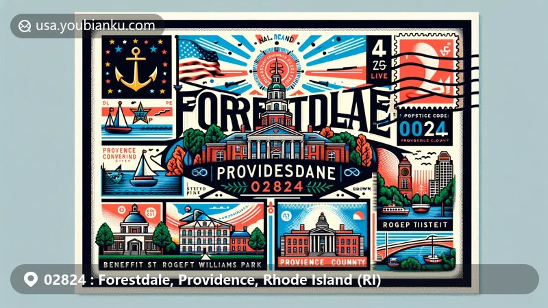 Modern illustration of Forestdale, Providence County, Rhode Island, showcasing postal theme with ZIP code 02824, featuring New England small town charm, Rhode Island state flag, and Providence County landmarks.