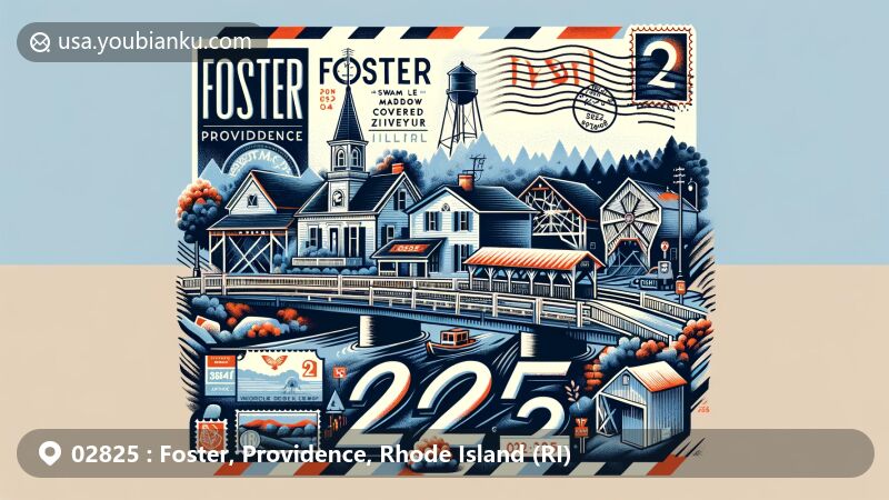 Modern illustration of Foster, Providence, Rhode Island, highlighting postal theme with ZIP code 02825, showcasing Foster Town House, Swamp Meadow Covered Bridge, Nickle Creek Vineyard, and Jerimoth Hill.