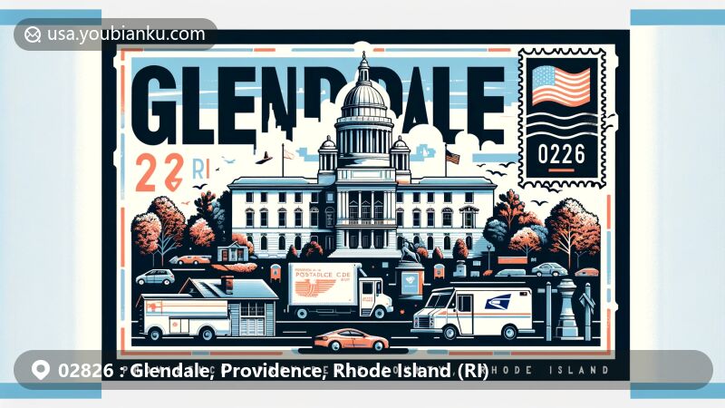 Modern illustration of Glendale, Providence County, Rhode Island, showcasing postal theme with ZIP code 02826, featuring the Rhode Island State House and postal elements.