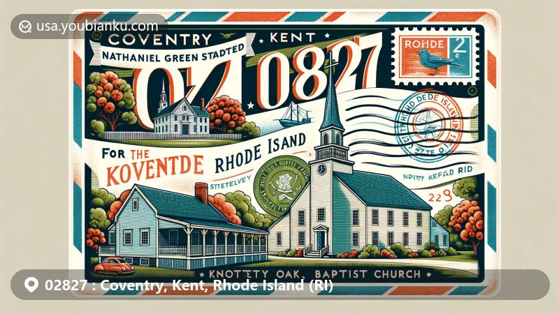 Modern illustration of Coventry, Kent County, Rhode Island, featuring Nathanael Greene Homestead, Knotty Oak Baptist Church, and Rhode Island state symbols, designed in a postcard format with ZIP code 02827.