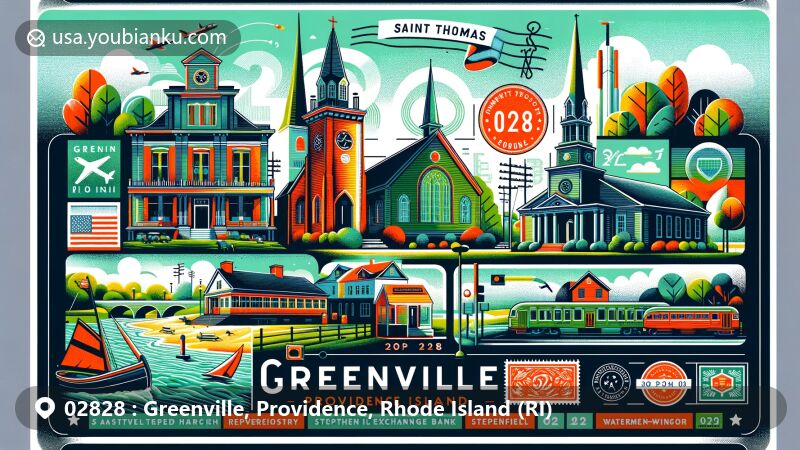 Modern illustration of Greenville, Providence County, Rhode Island, featuring postal theme with ZIP code 02828, showcasing Saint Thomas Episcopal Church, Smithfield Exchange Bank, Stephen Winsor House, and Waterman-Winsor Farm.