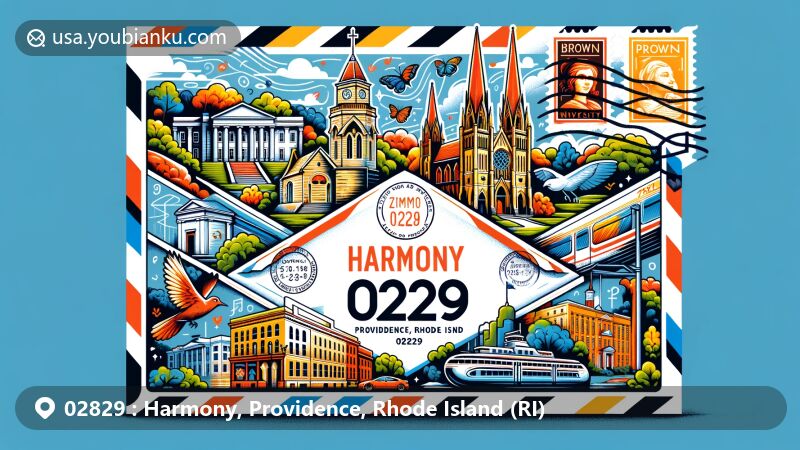 Modern illustration of Harmony, Providence, Rhode Island, highlighting postal theme with ZIP code 02829, featuring historic Harmony Chapel and Cemetery, and iconic landmarks like Rhode Island State House, Brown University, and Providence Performing Arts Center.
