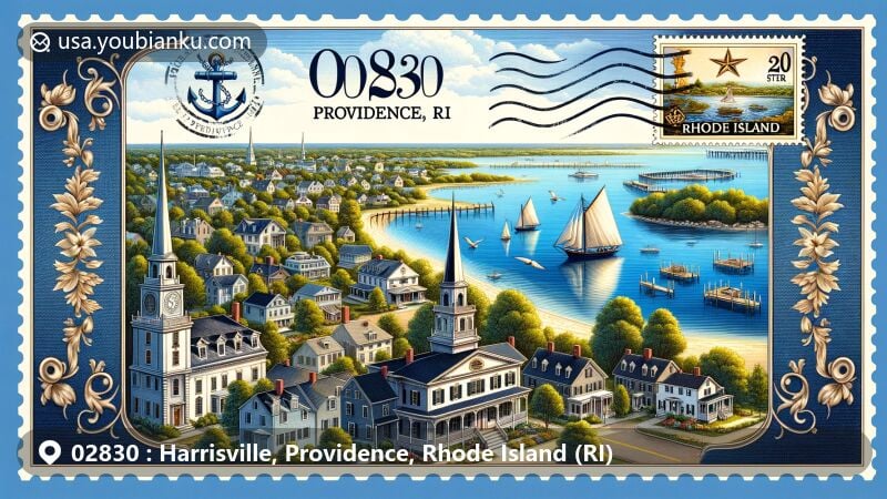 Modern illustration of Harrisville, Providence, Rhode Island (RI), showcasing historical district with New England architecture, natural scenery of pond and river, and Rhode Island state flag on postage stamp.