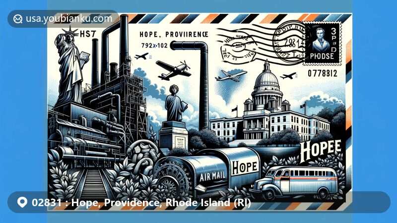 Modern illustration of Hope community, Providence, Rhode Island, blending key landmarks and cultural elements with postal themes, featuring Hope Furnace, Rhode Island State House, and vintage postal elements.