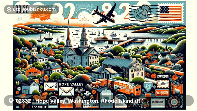 Modern illustration of Hope Valley, Washington, Rhode Island, showcasing picturesque scenery with historical landmarks and postal elements like postage stamp, cancellation mark, and American mailbox.