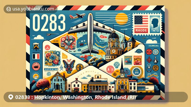 Modern illustration of Hopkinton, Washington County, Rhode Island, featuring historic district, ethnic diversity, state symbols, and ZIP code 02833, designed in air mail envelope style.