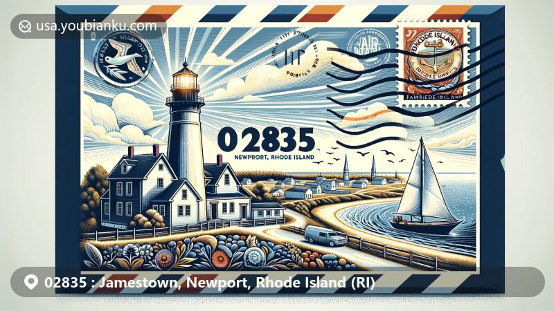 Modern illustration of Jamestown, Newport County, Rhode Island, featuring postal theme with ZIP code 02835, showcasing Beavertail Lighthouse, Rhode Island state flag, coastal landscape, and Rhode Island Red stamp.