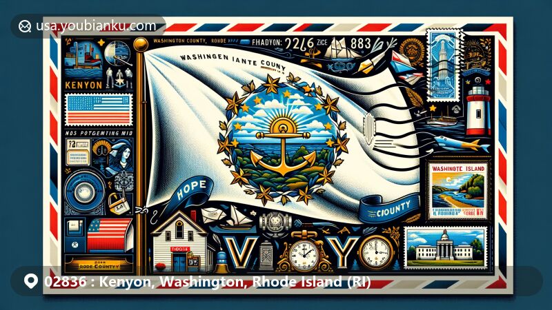 Modern illustration of Kenyon, Washington County, Rhode Island, capturing the essence of airmail theme with ZIP code 02836, featuring Rhode Island state flag and Washington County landmarks.