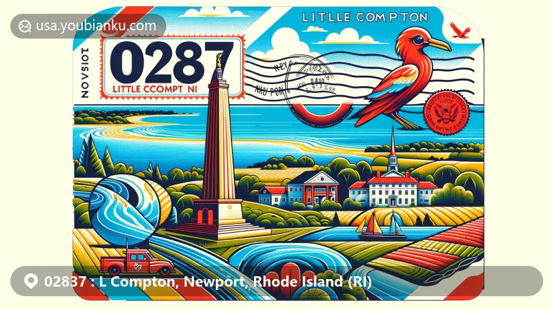 Modern illustration of Little Compton, Newport County, Rhode Island, depicting coastal beauty with Atlantic Ocean and Sakonnet River, featuring Rhode Island Red Monument and postal theme with ZIP code 02837.
