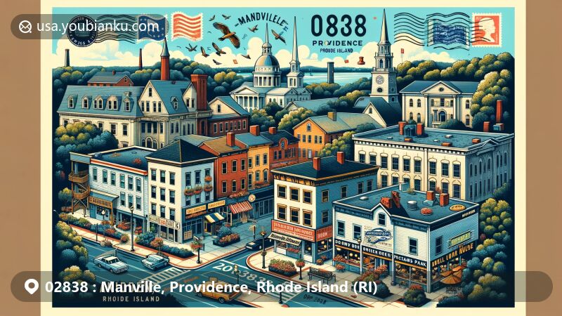 Modern illustration of Manville, Providence, Rhode Island, featuring iconic buildings, streets, and businesses, along with Providence landmarks like the Rhode Island State House and Brown University, with decorative postal elements and ZIP code 02838.