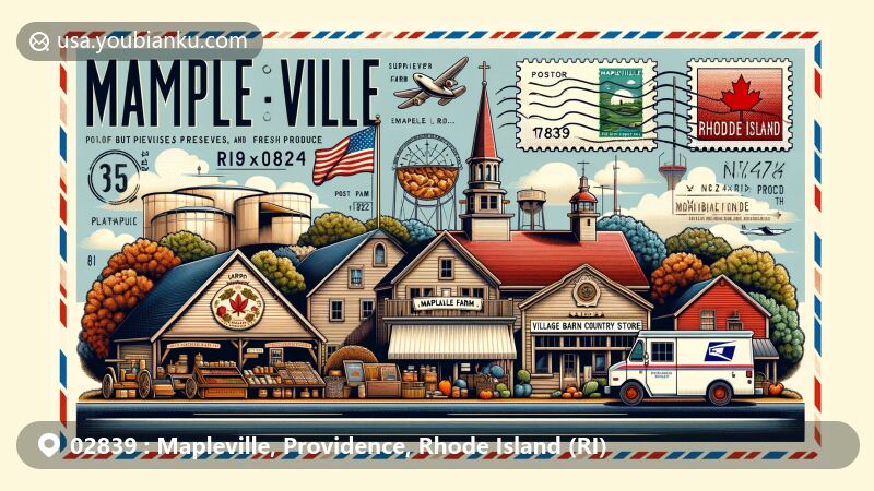 Modern illustration of Mapleville, Providence County, Rhode Island, featuring Mapleville Farm's baked goods, preserves, fresh produce, Village Barn Country Store's antiques, and Rhode Island state flag, in postal-themed design with stamps, postmarks, mailbox, and mail van.