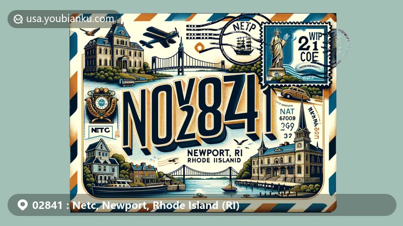 Vintage illustration of Netc, Newport, Rhode Island, capturing the essence of postal theme with ZIP code 02841 and landmarks like Isaac Bell House, The Elms, Fort Adams, and Touro Synagogue.