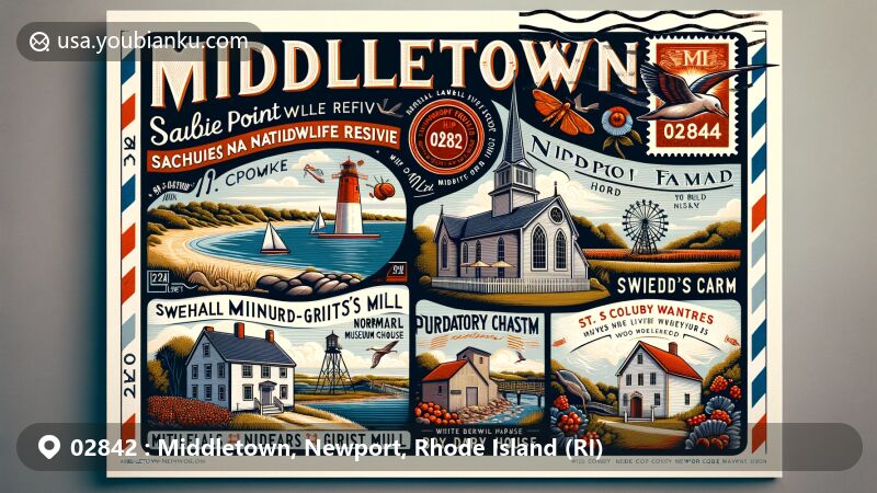Modern illustration of Middletown, Newport County, Rhode Island, highlighting key landmarks like Sachuest Point National Wildlife Refuge, Newport Vineyards, and ZIP code 02842, with postal elements including air mail envelope and realistic stamp.