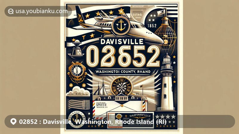 Modern illustration of Davisville, Washington County, Rhode Island, depicting a postal theme with vintage airmail elements and state symbols, featuring Block Island North Light lighthouse and ZIP code 02852.
