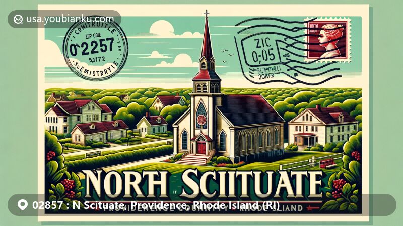 Modern illustration of North Scituate, Providence County, Rhode Island, highlighting historic postal theme with ZIP code 02857, featuring Old Congregational Church and Smithville Seminary.