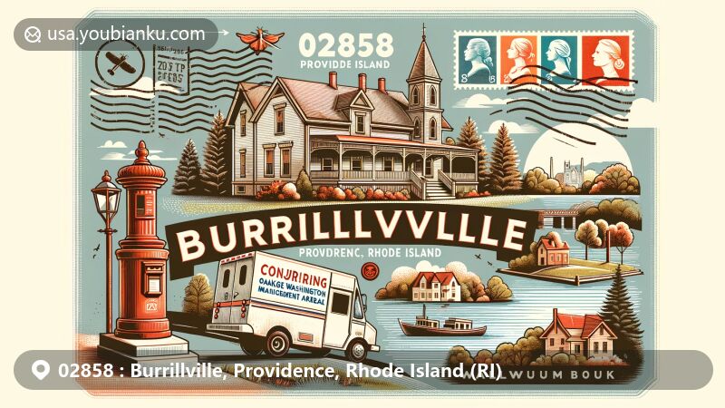 Modern illustration of Burrillville, Providence County, Rhode Island, featuring historic charm, postal elements, and natural landscapes, with ZIP code 02858.