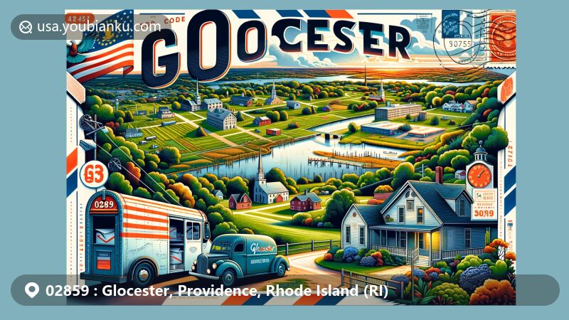 Modern illustration of Glocester, Providence County, Rhode Island, featuring postal theme with ZIP code 02859, highlighting rural landscapes, historic landmarks, and natural beauty.