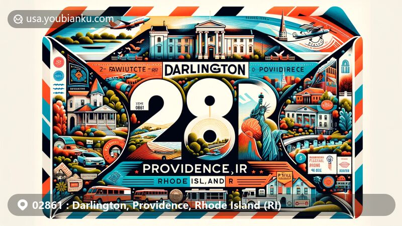 Modern illustration of Darlington, Providence, Rhode Island, featuring postal theme with ZIP code 02861, showcasing iconic landmarks, parks, and cultural scenes in a colorful and artistic design.