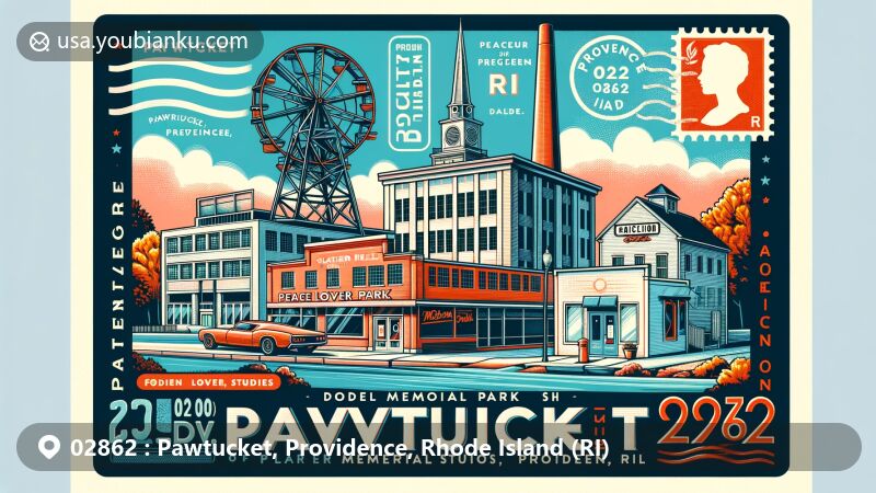 Modern illustration of Pawtucket, Providence, RI, showcasing historic landmarks like Slater Mill, PeaceLove Studios, and Modern Diner, with postal theme featuring zip code 02862 and Rhode Island design elements.