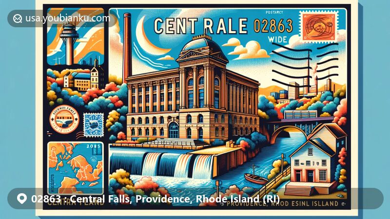 Modern illustration of Central Falls, Providence, Rhode Island, focusing on Adams Memorial Library, Central Falls Mill Historic District, and Rhode Island elements, with postal theme and ZIP code 02863.