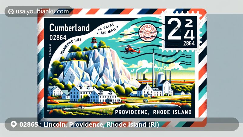 现代插图描绘了罗得岛州普罗维登斯县林肯市，展示了明信片设计风格，包括Old Slater Mill和Eleazer Arnold House历史建筑，以及林肯伍兹州立公园风景，融入罗得岛州州旗和'RE'邮票，突出'02865'邮政编码。