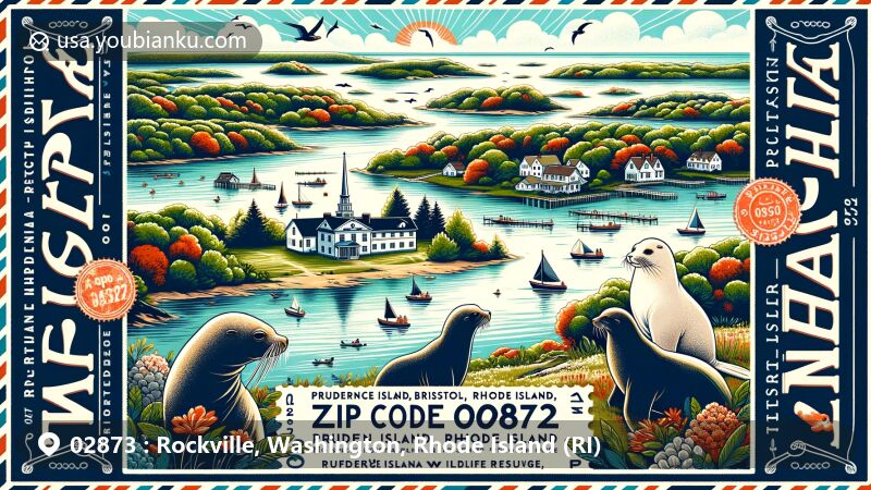 Modern illustration of Rockville, Washington County, Rhode Island (RI), featuring Yawgoog Scout Reservation, Washington County outline, Rhode Island state flag with golden anchor and blue field, state bird Rhode Island Red chicken, state flower violet, and vintage air mail postal elements with ZIP code 02873.