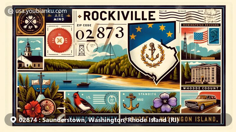 Modern illustration of Saunderstown, Washington County, Rhode Island, combining elements like Gilbert Stuart's portrait of George Washington, Rhode Island state flag, and Narragansett Town Beach, with postal elements such as stamps, postmarks, and ZIP Code 02874.