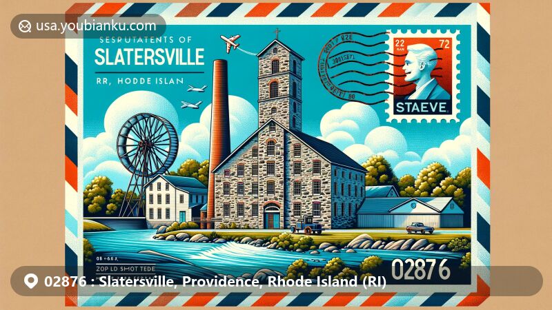 Modern illustration of Slatersville, Rhode Island, highlighting iconic stone textile mill and Congregational Church, with postal elements like stamps and postmark, emphasizing ZIP code 02876.