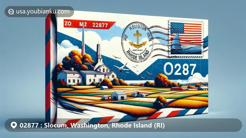 Modern illustration of Slocum, Washington County, Rhode Island, capturing postal theme with ZIP code 02877, showcasing state flag and rural charm, perfect for web illustration.