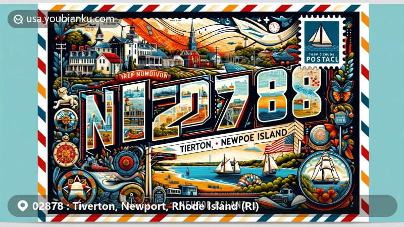 Modern illustration of Tiverton and Newport, Rhode Island, highlighting postal theme with ZIP code 02878, showcasing coastal scenes, historic buildings, local flora, Rhode Island state flag, and detailed map, blending postal elements with town's unique features.