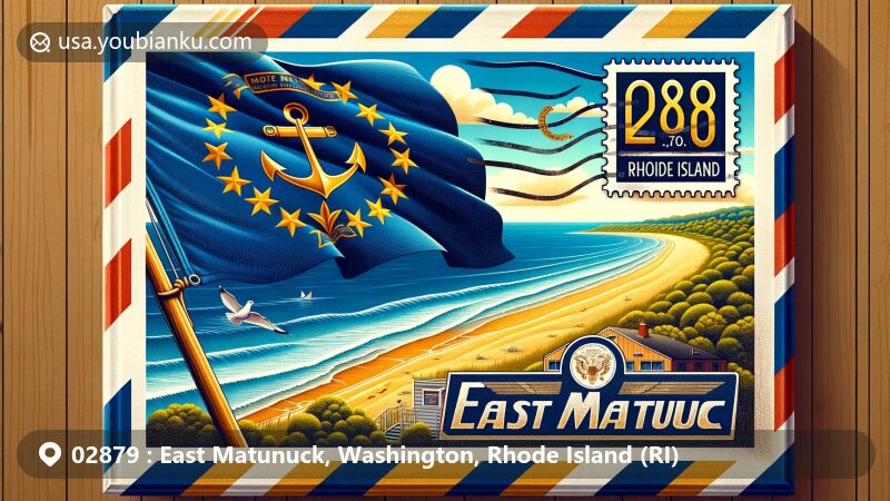 Modern illustration of East Matunuck, Washington County, Rhode Island, showcasing postal theme with ZIP code 02879, featuring East Matunuck State Beach and Rhode Island state flag.