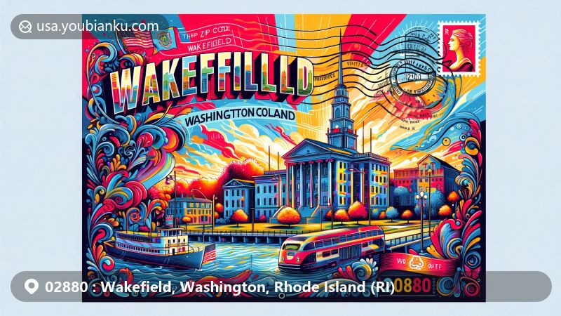 Modern illustration of Wakefield, Washington County, Rhode Island, featuring postal theme with ZIP code 02880, showcasing iconic landmarks and cultural elements with a stylized representation of the Rhode Island state flag.