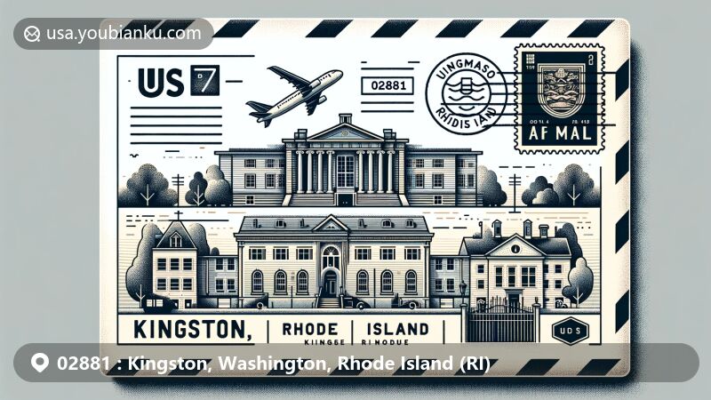 Modern illustration of airmail envelope showcasing University of Rhode Island and 18th-19th century architecture in Kingston, with ZIP code 02881, stamp, and postmark.