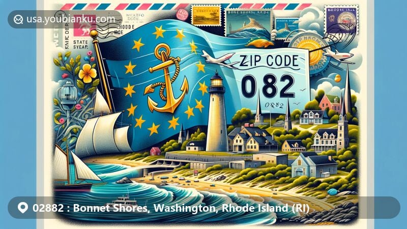 Modern illustration of Bonnet Shores, Rhode Island, showcasing postal theme with ZIP code 02882, featuring Kelly Beach, Little Beach, Wickford Village, The Towers, Smith's Castle, and Rhode Island state flag with gold anchor, thirteen stars, and 'HOPE' inscription.