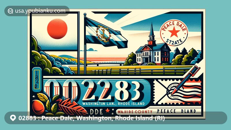 Modern illustration of Peace Dale, Washington County, Rhode Island, showcasing the state flag, a prominent landmark, and postal elements with ZIP code 02883.