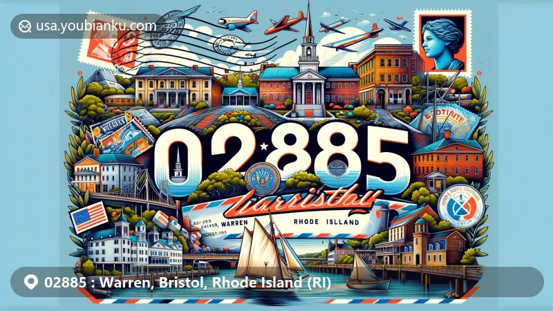 Modern illustration of Warren, Bristol County, Rhode Island, showcasing postal theme with postcards, airmail envelopes, stamps, and colonial-era architecture, including state symbols like the flag.