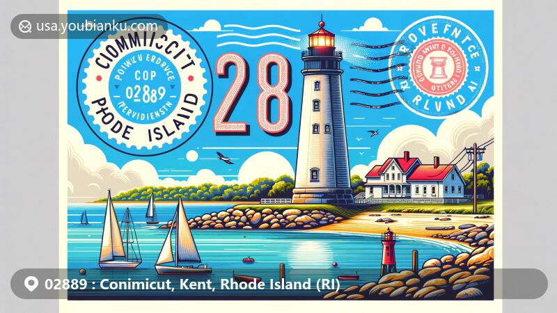 Modern illustration of Conimicut, Rhode Island, showcasing postal theme with ZIP code 02889, featuring Conimicut Lighthouse and typical coastal activities like sailing and fishing.