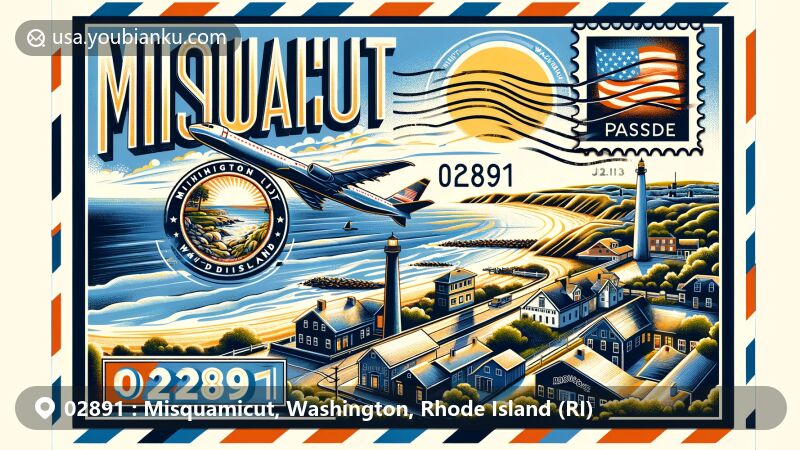 Modern illustration of Misquamicut, Washington, Rhode Island, with a postal theme highlighting ZIP code 02891, featuring Misquamicut State Beach, coastline, and postmark stamp.