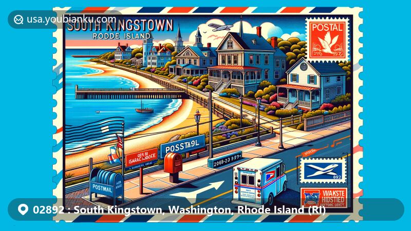 Modern illustration of South Kingstown, Rhode Island, blending historic architecture like Gen. Isaac Peace Rodman House, Theatre-By-the-Sea, and Wakefield Historic District into a picturesque coastal scene with postal elements like stamps and a postmark with ZIP Code '02892'.