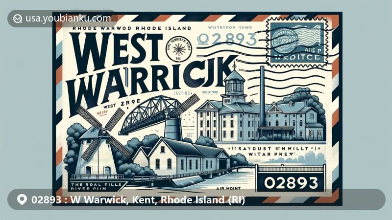 Modern illustration of West Warwick, Kent County, Rhode Island, featuring historic Lippitt Mill, Royal Mills at River Point, and Station Fire Memorial Park, designed as vintage postcard with postal elements and ZIP code 02893.