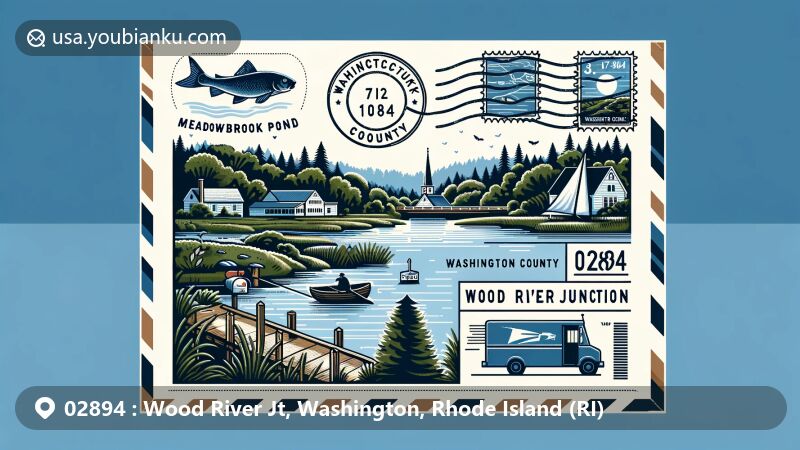 Modern illustration of Wood River Junction, Washington County, Rhode Island, featuring Meadowbrook Pond, Wood River and Pawcatuck River, Washington County outline, and postal elements with ZIP code 02894.